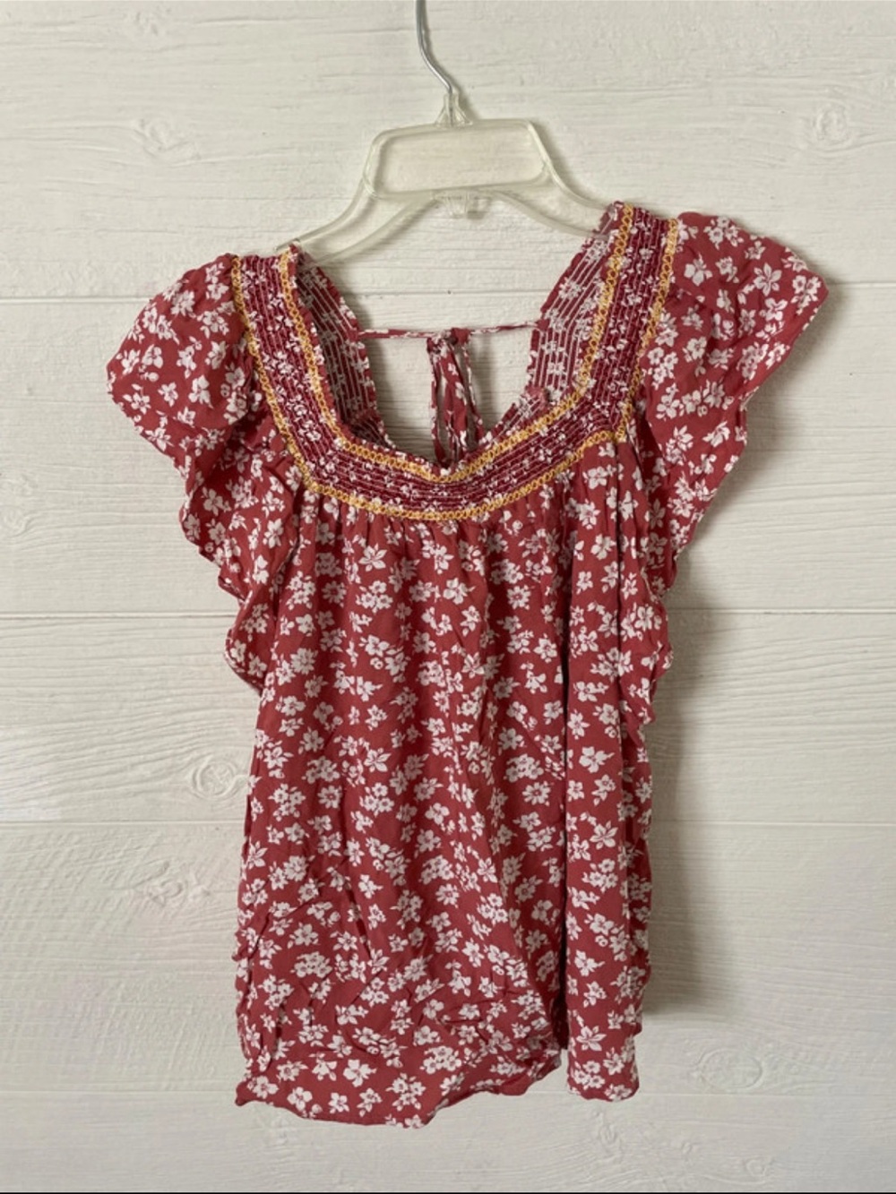 easel Red Floral Smocked Yoke Flutter Sleeve Tunic